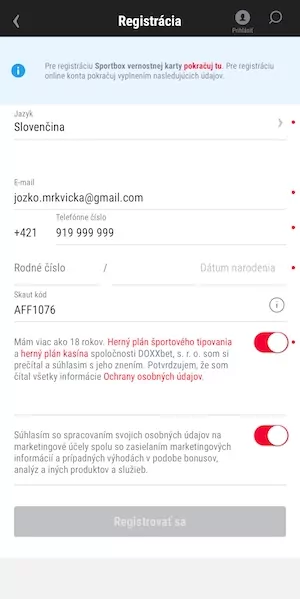 Doxxbet registračný formulár