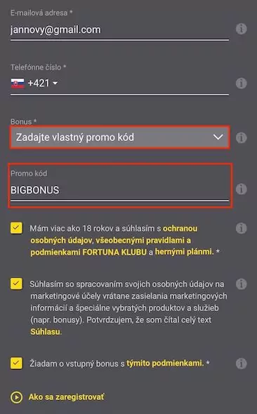Výber Fortuna vstupného bonusu