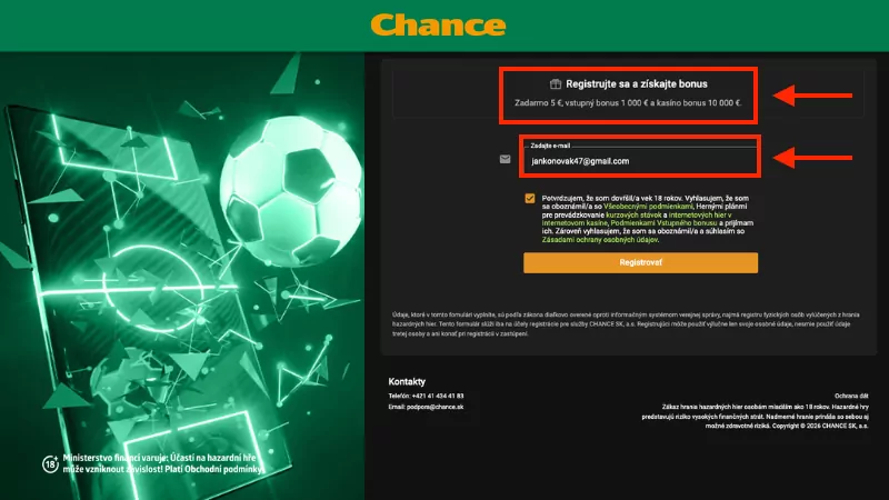 Chance registračný formulár