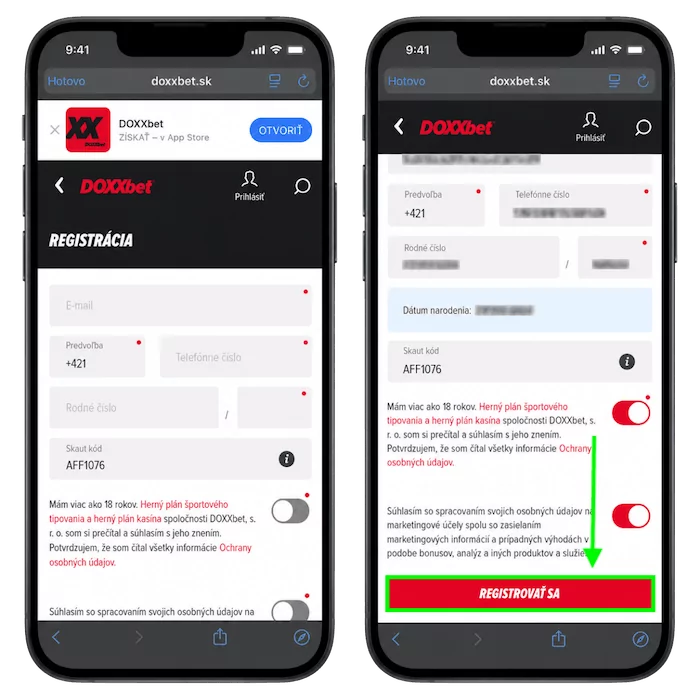 Doxxbet údaje v registračnom formulári