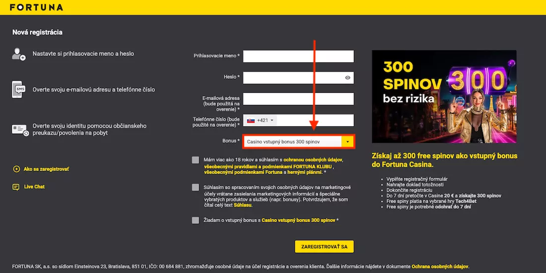 Fortuna bonus 300 free spinov v registračnom formulári