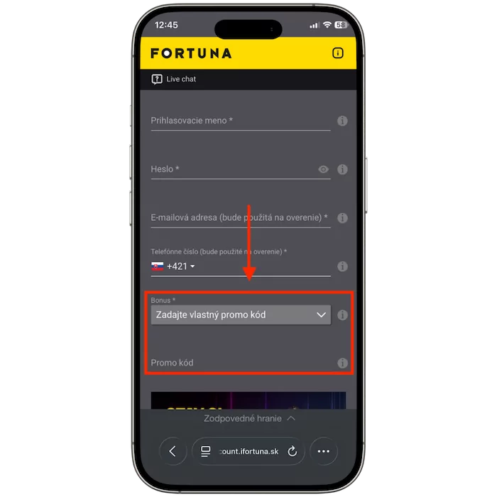 Fortuna promo kód registračný formulár