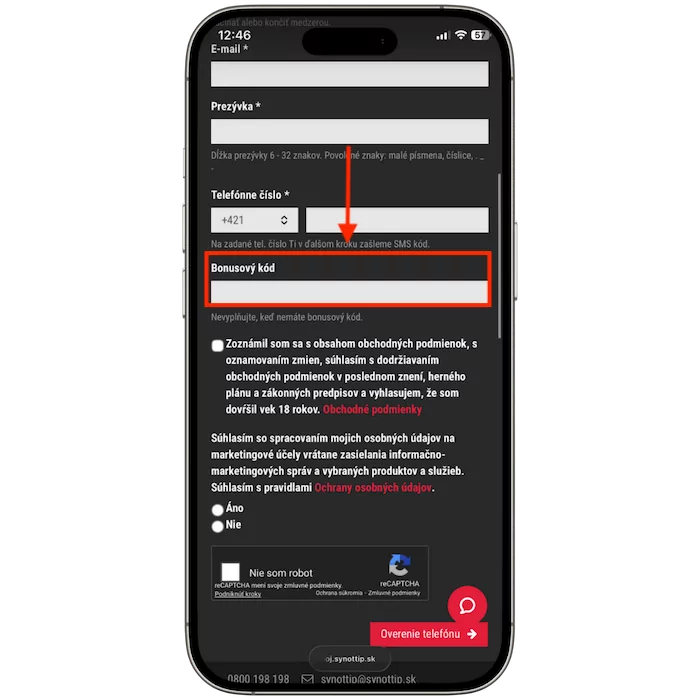Kam zadat bonusový kód Synottip