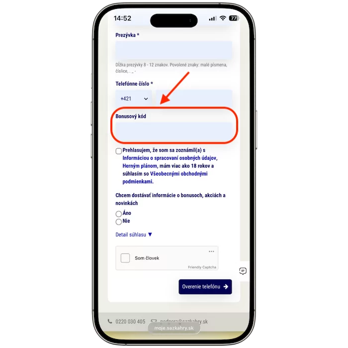 Kolonka Bonusový kód v Sazka formulári