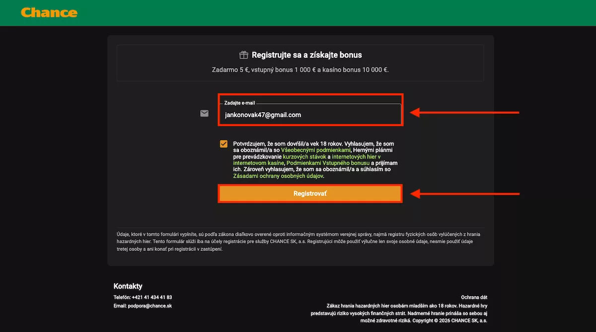 Registračný formulár na Chance.sk