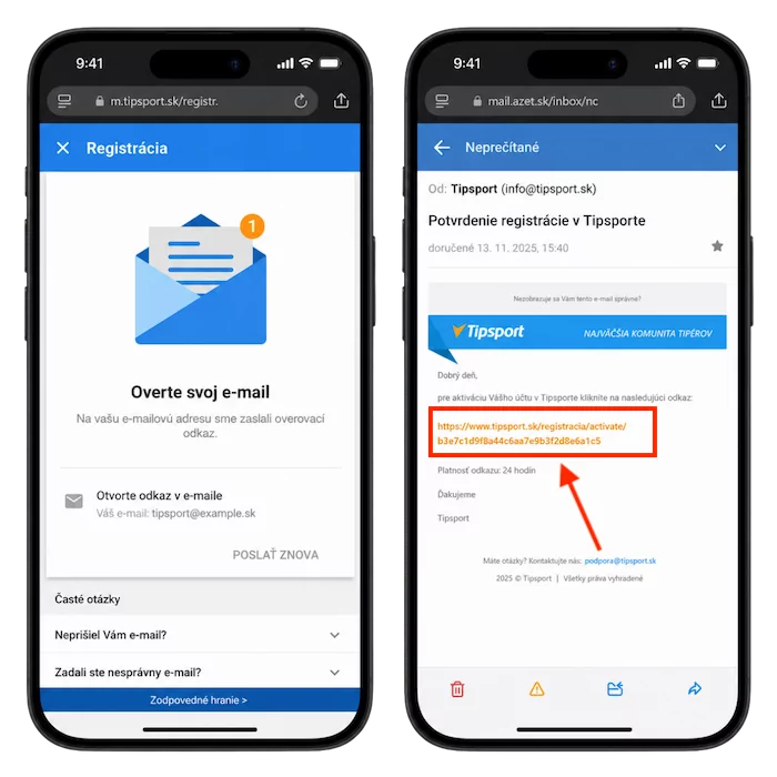Tipsport overenie emailu
