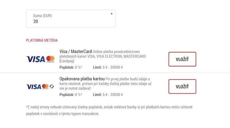 Vklad cez platobnú kartu