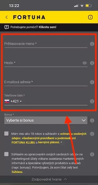 Vyplnenie Fortuna registračného formulára