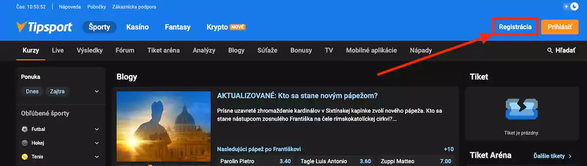Vyplnenie registračného formulára v Tipsporte